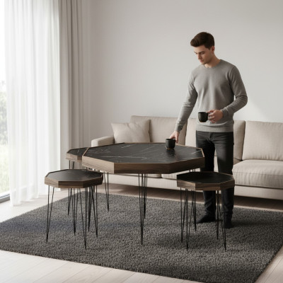 Schwarzer Holz Couchtisch mit Beistelltischen modern eleganter Stil