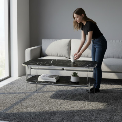 Moderner schwarzer Couchtisch aus Holz mit Edelstahl-Design