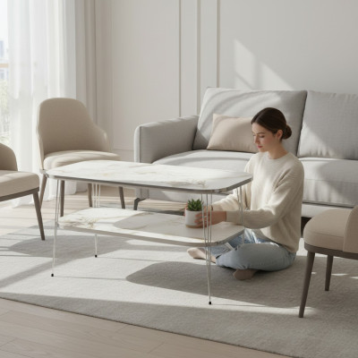 Moderner mehrfarbiger Couchtisch aus Holz und Edelstahl