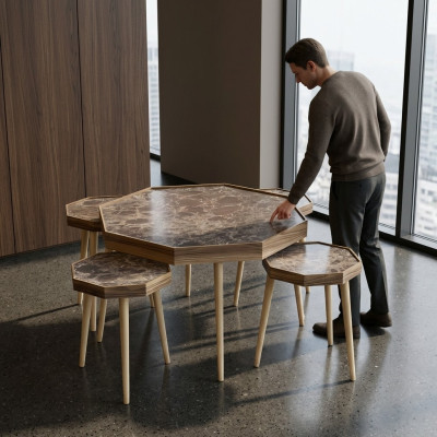 Eleganter Brauner Holz Couchtisch mit Beistelltischen im Set