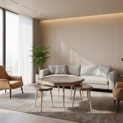 Eleganter Brauner Holz Couchtisch mit Beistelltischen im Set