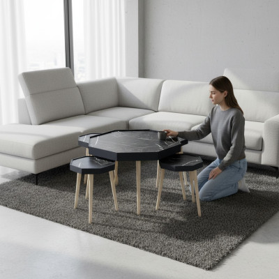 Schwarzer Holz Couchtisch mit Beistelltischen modernes Design