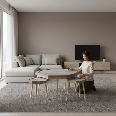 Eleganter grauer Holztisch-Set mit Couchtisch und Beistelltischen