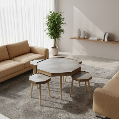 Eleganter grauer Holztisch-Set mit Couchtisch und Beistelltischen