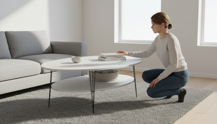 Moderner weißer Couchtisch aus Holz mit Edelstahlrahmen