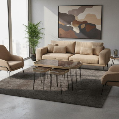 Eleganter Brauner Holz Couchtisch mit Beistelltischen im Stil