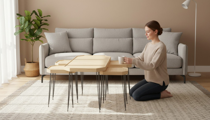 Beige Holz Couchtisch mit Beistelltischen Modern Elegant Set