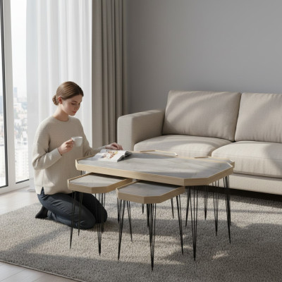 Eleganter grauer Holz-Couchtisch mit Beistelltischen im modernen Stil
