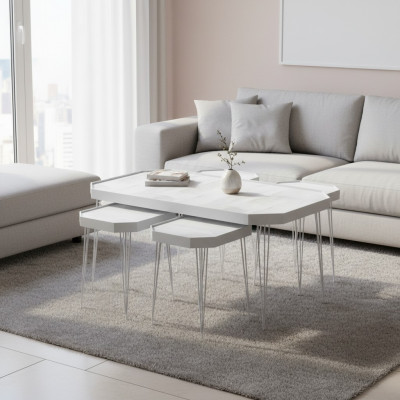 Eleganter Weißer Holz-Couchtisch mit Beistelltischen im modernen Stil