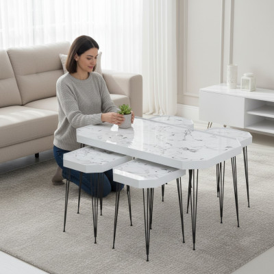 Eleganter Weißer Holz-Couchtisch mit Beistelltischen im modernen Stil