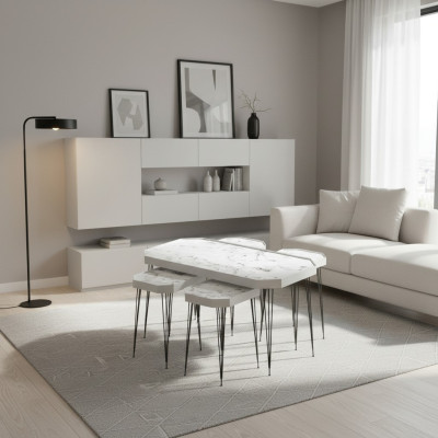 Eleganter Weißer Holz-Couchtisch mit Beistelltischen im modernen Stil