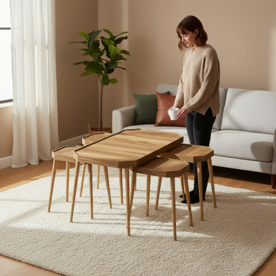 Moderner brauner Holz-Couchtisch mit Beistelltischen im Set