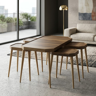 Moderner brauner Holz-Couchtisch mit Beistelltischen im Set