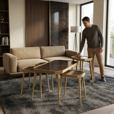 Eleganter brauner Holz-Couchtisch mit Beistelltischen im modernen Stil