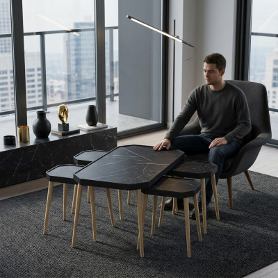 Schwarzer Holz Couchtisch mit Beistelltischen modern eleganter Stil