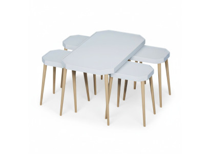 Eleganter weißer Holztisch-Set mit Couchtisch und Beistelltischen