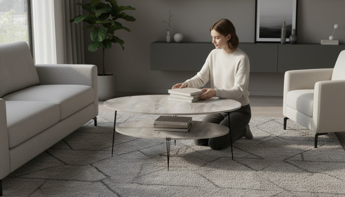 Grauer Holzcouchtisch im modernen Design