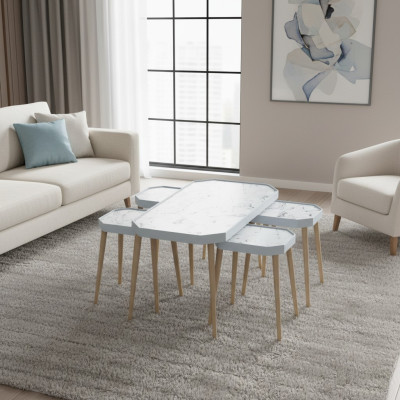 Eleganter weißer Holz Couchtisch mit Beistelltischen im modernen Stil
