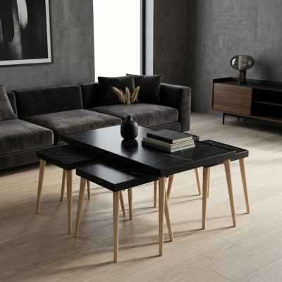 Schwarzer Holztisch-Set mit Couchtisch und Beistelltischen im modernen