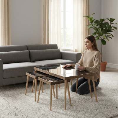 Schwarzer Holz Couchtisch mit Beistelltischen Modernes Design
