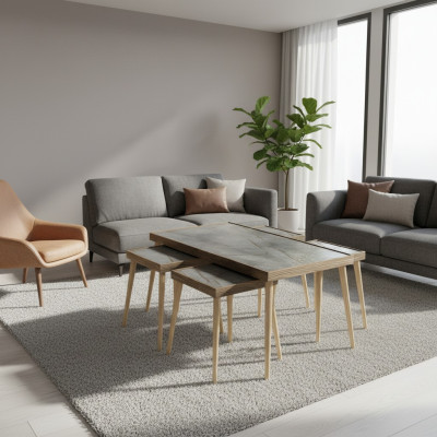 Eleganter grauer Holztisch-Set mit Couchtisch und Beistelltischen