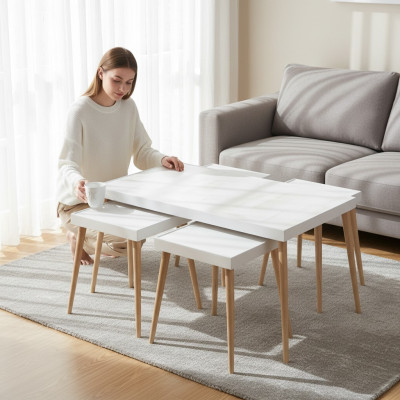 Eleganter weißer Holz Couchtisch mit Beistelltischen im modernen Stil