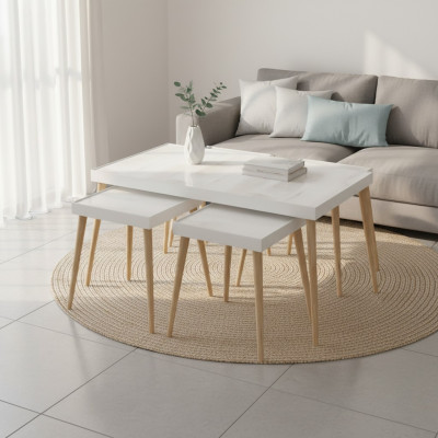 Eleganter weißer Holz Couchtisch mit Beistelltischen im modernen Stil