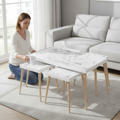 Eleganter weißer Holz Couchtisch mit Beistelltischen im modernen Stil