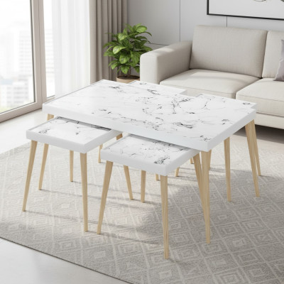 Eleganter weißer Holz Couchtisch mit Beistelltischen im modernen Stil