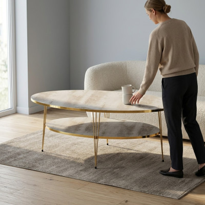 Moderner grauer Couchtisch aus Holz mit Edelstahl