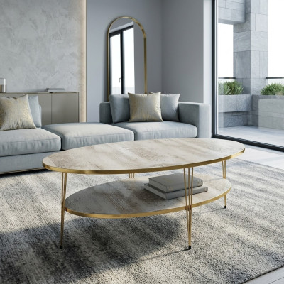 Moderner grauer Couchtisch aus Holz mit Edelstahl