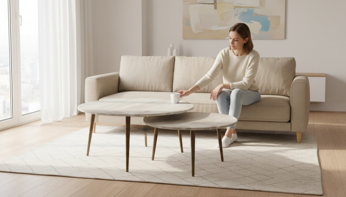 Elegante graue Holz-Beistelltische im modernen Stil, vielseitiges Set