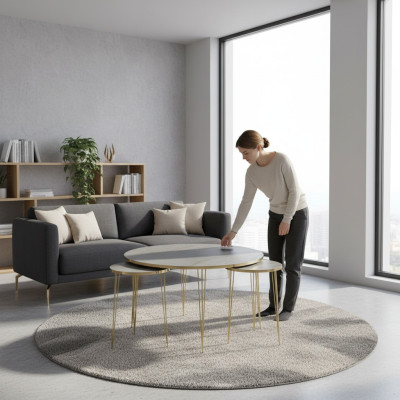 Moderner grauer Holz-Couchtisch mit Beistelltischen Set