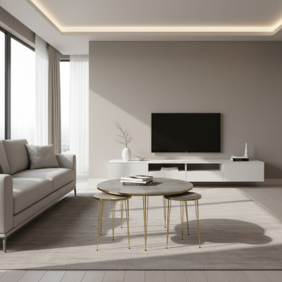 Moderner grauer Holz-Couchtisch mit Beistelltischen Set