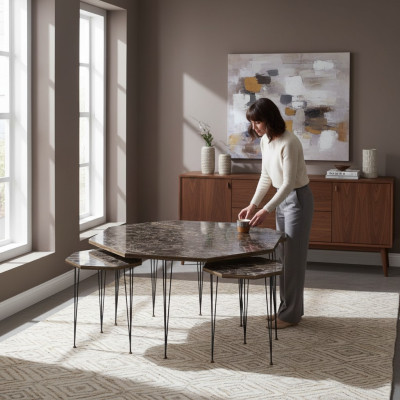 Holz Couchtisch mit Beistelltischen Braun Elegant Modern
