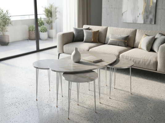 Moderner grauer Holz-Couchtisch mit Beistelltischen Set
