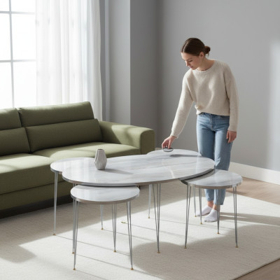 Moderner grauer Couchtisch mit 4 Beistelltischen aus Holz