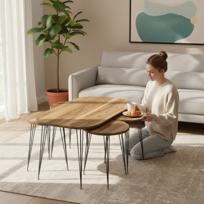 Eleganter brauner Holz-Couchtisch mit Beistelltischen im modernen Stil