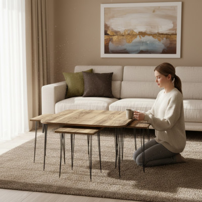 Brauner Holz-Couchtisch mit Beistelltischen im eleganten Stil