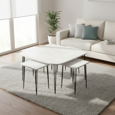 Moderner weißer Holz-Couchtisch mit Beistelltischen im eleganten