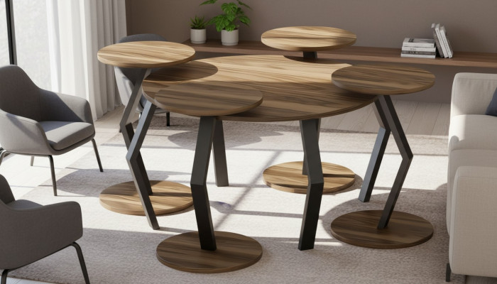 Eleganter brauner Holz-Couchtisch mit vier Beistelltischen in modernem