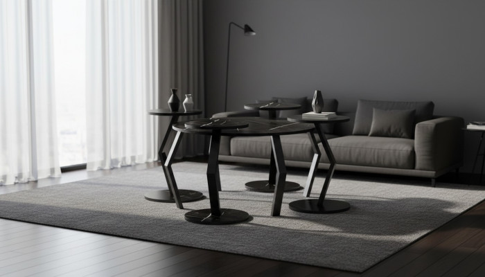Eleganter schwarzer Holz-Couchtisch mit Beistelltischen im modernen