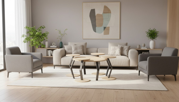 Eleganter brauner Holz-Couchtisch mit Beistelltischen im modernen Stil