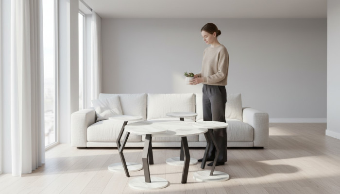 Weiße Holz-Esszimmer-Tisch mit modernem Design und Beistelltischen