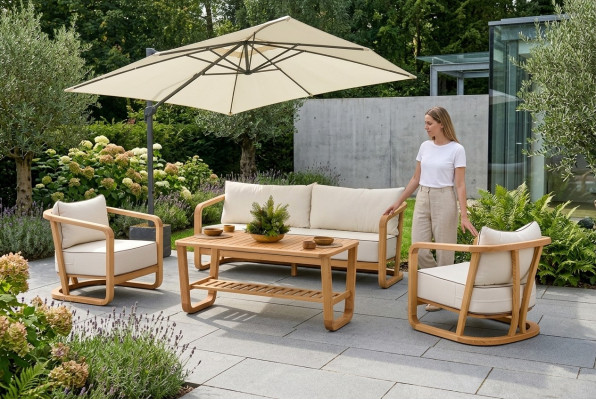 Elegantes Beiges Holz-Textil Sofa-Set mit 3 Sitzen und Sessel