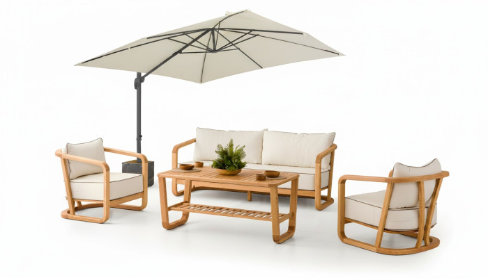 Elegantes Beiges Holz-Textil Sofa-Set mit 3 Sitzen und Sessel
