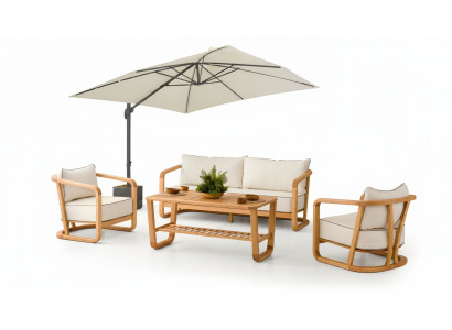 Elegantes Beiges Holz-Textil Sofa-Set mit 3 Sitzen und Sessel