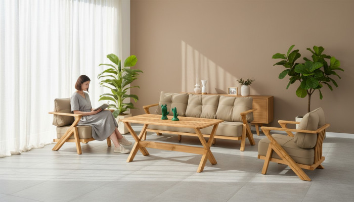 Gartenmöbel Set aus Holz und Textil in Beige, modern, 4-teilig