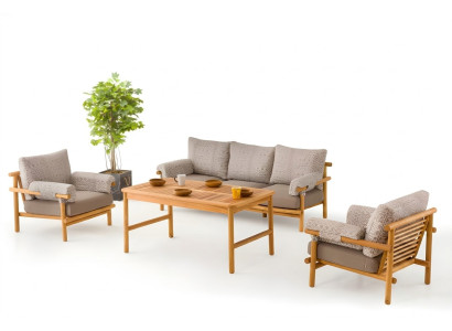 Gartenmöbel Set aus Holz und Textil in Beige mit Sofa, Sesseln