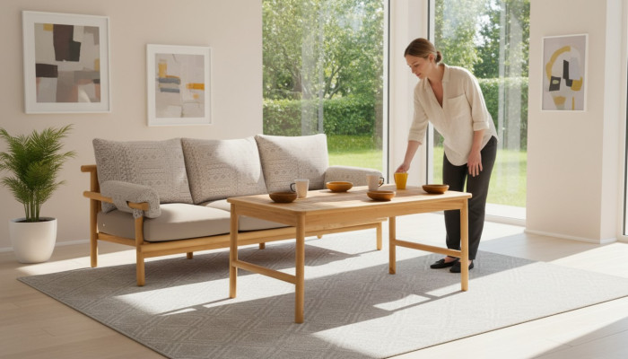 Gartenmöbel Set aus Holz und Textil in Beigeton, stilvoll
